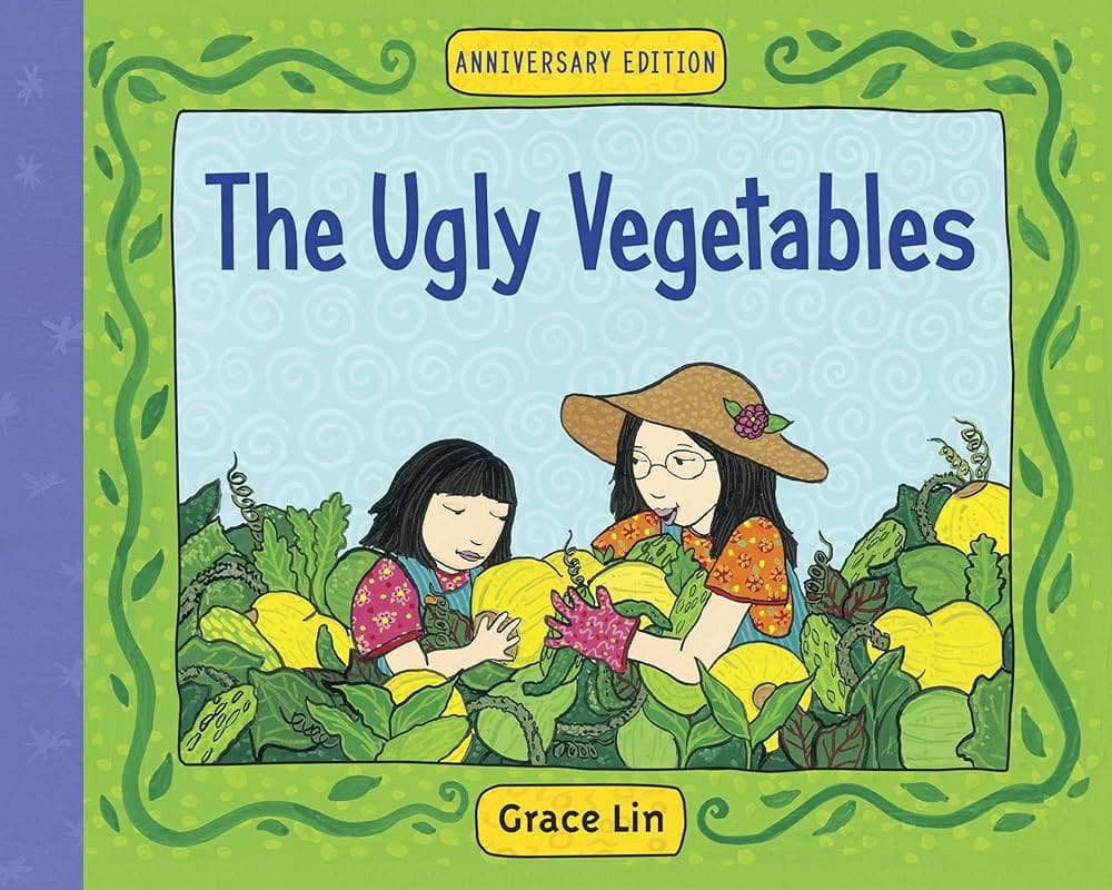 book cover of "the ugly vegetables" by grace lin, showing two people harvesting large yellow vegetables among green leaves, with a decorative green and blue border.