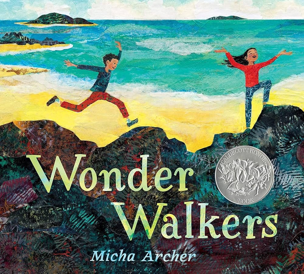 two children joyfully run and leap along a rocky, colorful beach with waves and mountains in the background. the cover reads "wonder walkers" by micha archer.