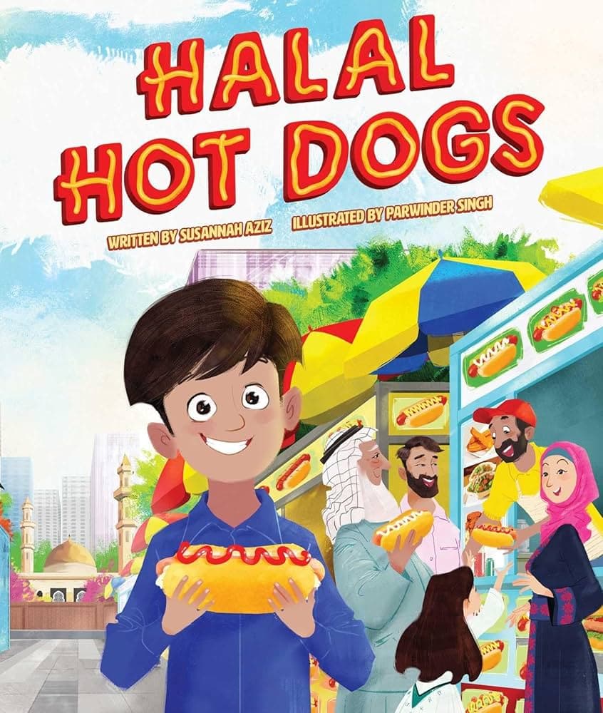 a smiling boy holds a hot dog in front of a food stand, with families and diverse people ordering food in a colorful city setting. the text reads "halal hot dogs.