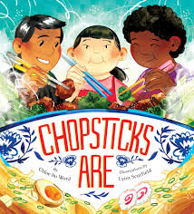 three children use chopsticks to eat food together above the book title "chopsticks are," with colorful illustrations of noodles and vegetables around them.