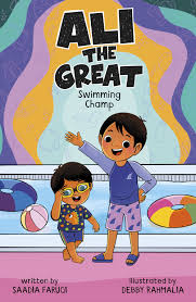 book cover of "ali the great: swimming champ" showing two children in swimsuits by a pool with beach balls. one child is waving, and the other is adjusting goggles.