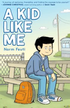 a boy with dark hair sits alone on a bench next to an orange backpack in a schoolyard; the book title "a kid like me" and author norm feuti are displayed.