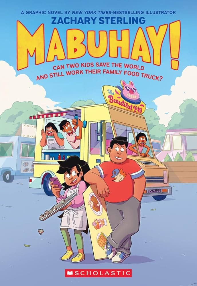 two kids stand in front of a food truck with a “beautiful pb” sign, holding a menu and a sandwich. three people are inside the truck, preparing food. the scene looks cheerful and busy.