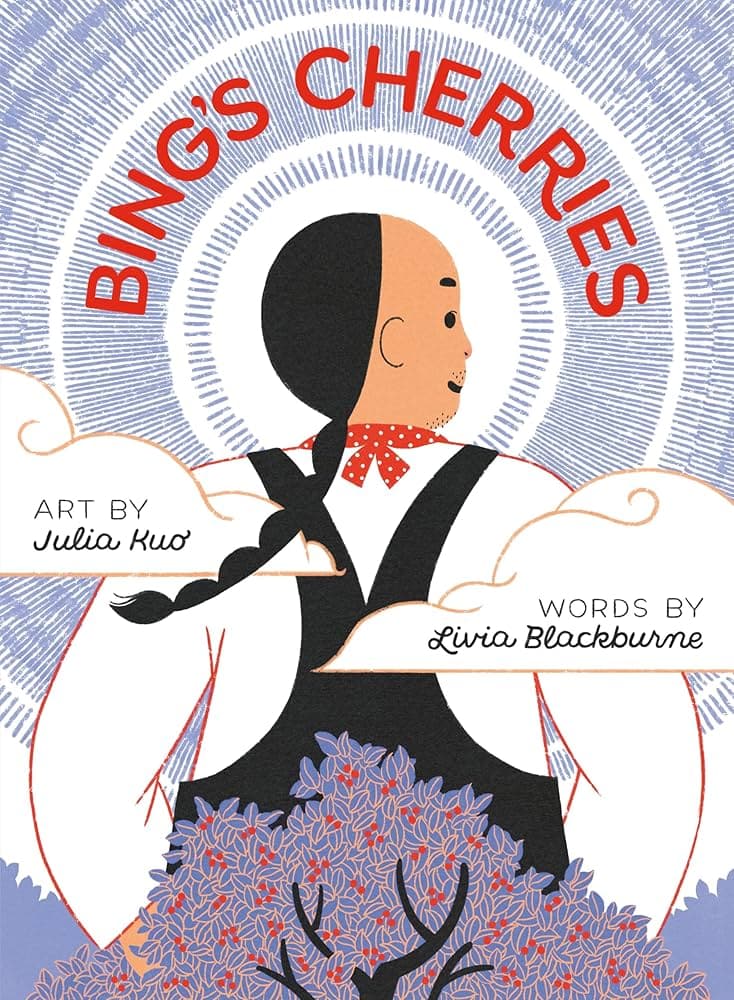 illustrated book cover of "bing’s cherries" shows a person in traditional attire with a braid, standing near a leafy tree; title arcs above, and artists’ names are displayed on either side.