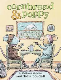 illustrated book cover of "cornbread & poppy" by matthew cordell, showing two mice in winter clothes sharing tea at a table with a window in the background.