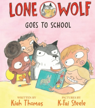four children gather around a serious looking wolf holding a book, on the cover of "lone wolf goes to school" by kiah thomas and k fai steele.