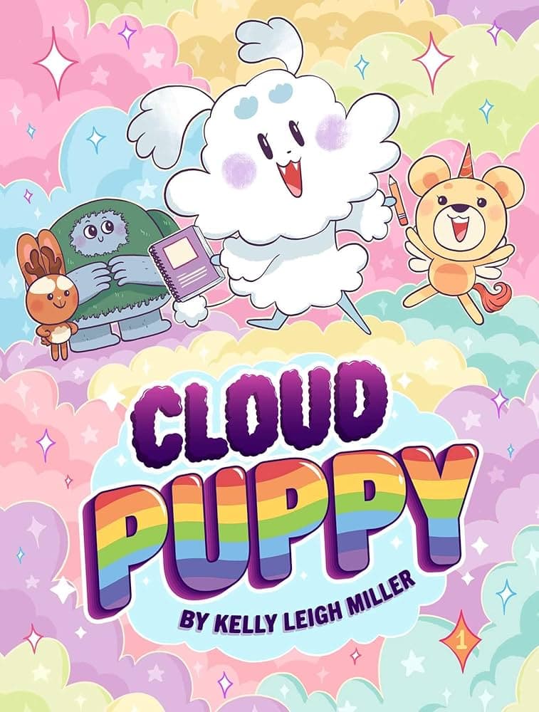 colorful illustrated book cover featuring cheerful cartoon animals, a smiling cloud character, and the title "cloud puppy" by kelly leigh miller against a pastel cloudy background.