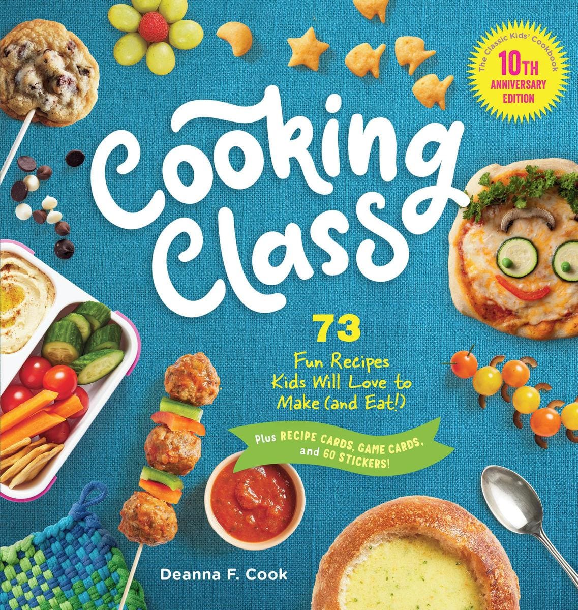 cover of the cookbook "cooking class" by deanna f. cook, featuring playful food arrangements and text about fun recipes for kids, recipe cards, game cards, and stickers.