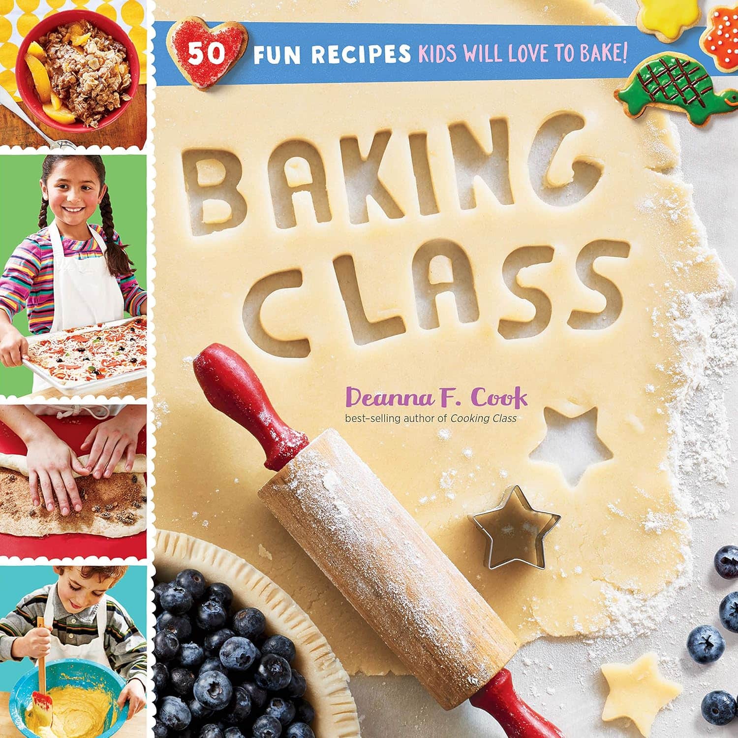 cover of the book "baking class" shows dough with "baking class" cut out, a rolling pin, cookie cutters, berries, and photos of kids baking on the left side.