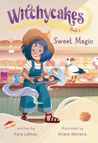 illustration of a smiling girl in overalls and a hat holding a tray of pastries in a bakery, with a seagull, cupcakes, and books titled "witchycakes: sweet magic.