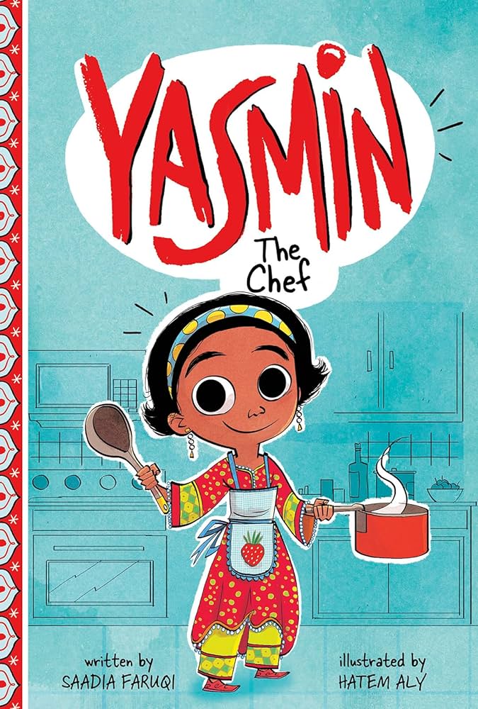 illustration of a young girl in a colorful dress and apron, holding a wooden spoon and a pot with steam, standing in a kitchen. text: "yasmin the chef.