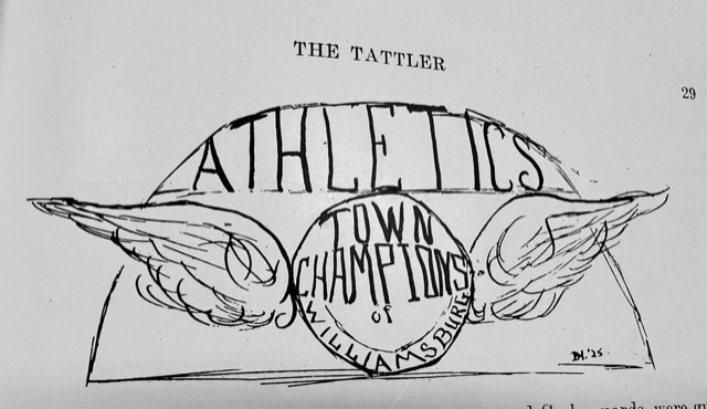 hand drawn illustration with the text "athletics town champions of williamsburg" and winged design, from a publication titled "the tattler.