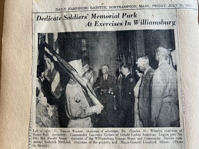 black and white newspaper clipping showing a group of men in suits and uniforms at a dedication ceremony for soldiers’ memorial park in williamsburg, dated july 20, 1951.