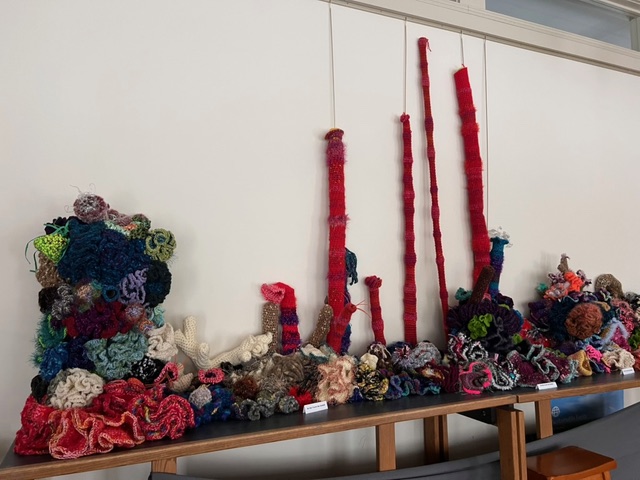 a colorful crochet coral reef installation with various textured and shaped yarn pieces displayed on a wooden table against a white wall.