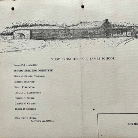 black and white sketch of helen e. james school building, with typed list of school building committee members and secretary below the illustration.