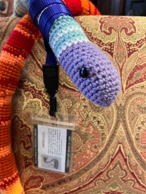 a crocheted snake with a striped pattern and a plastic id badge draped over a patterned couch.