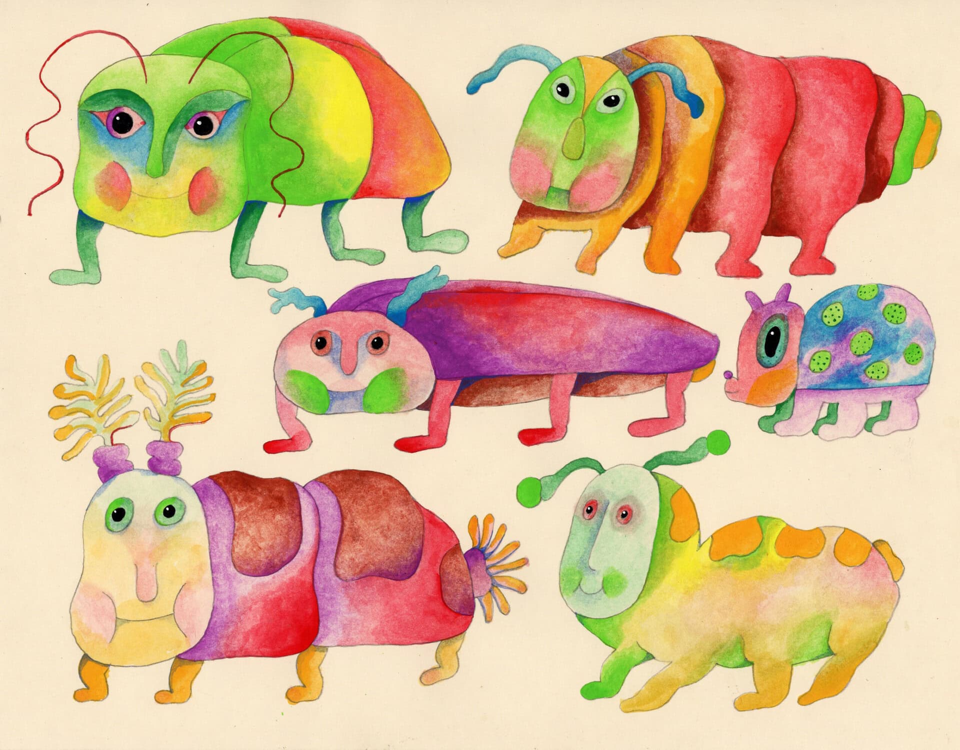 seven colorful, whimsical bug like creatures with varied shapes, patterns, and antennae are illustrated on a plain background.