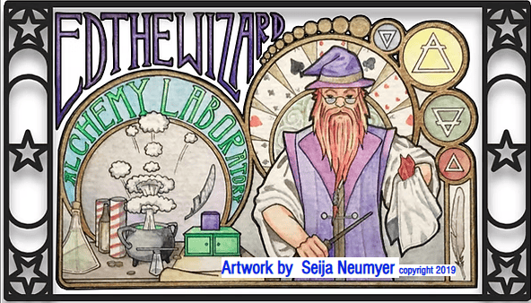 illustration of a wizard in a lab coat with beakers, flasks, and alchemy symbols, labeled “ed the wizard” and “alchemy laboratory.” artwork by seija neumyer, copyright 2019.