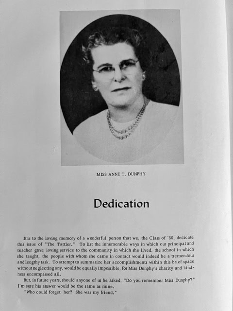 black and white portrait of miss anne t. dunphy above a dedication text recognizing her service as a principal and teacher, accompanied by a brief tribute and quotation.