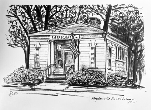 black and white sketch of a small public library building with columns, an american flag, and trees in the background; sign reads 