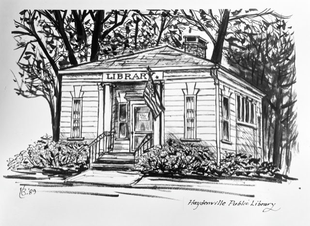 black and white sketch of a small public library building with columns, an american flag, and trees in the background; sign reads "library.