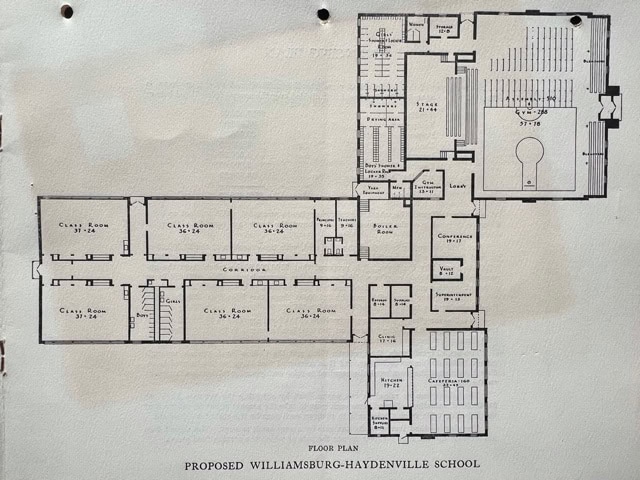 black and white floor plan labeled "proposed williamsburg haydenville school," showing classrooms, offices, an auditorium, gymnasium, stage, and other facilities.