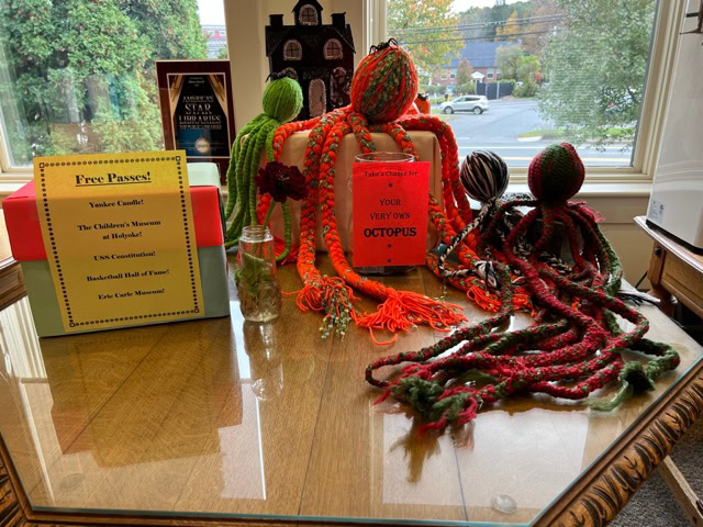 a table displays knit octopus toys, a sign for free passes to local museums, and books, with a street and trees visible through the window in the background.
