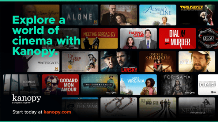 a grid of diverse movie and documentary posters with the text “explore a world of cinema with kanopy” and the kanopy logo at the bottom.