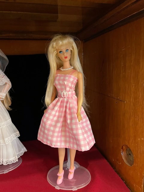 a blonde doll in a pink and white checkered dress with a belt and pink shoes stands on a clear display stand against a wooden background.