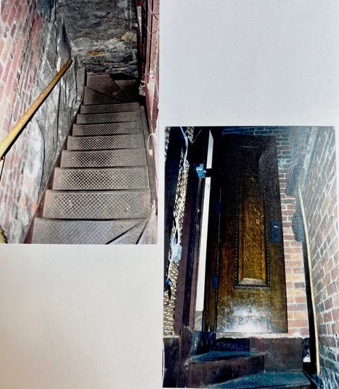 two photos: one showing a narrow metal staircase with a railing and brick walls, and the other showing a wooden door at the top of a brick entryway.