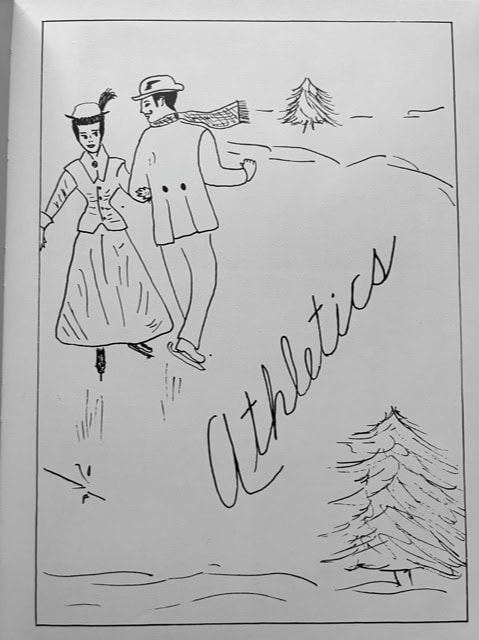 line drawing of a man and woman ice skating together outdoors, dressed in winter clothing, with the word "athletics" written beside them and trees in the background.