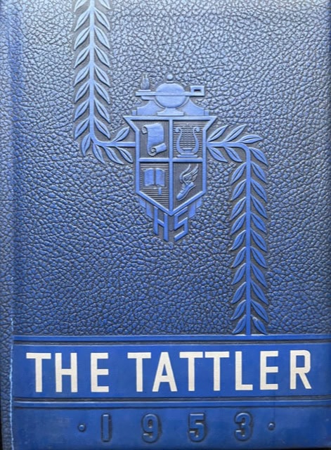 blue textured hardcover yearbook titled "the tattler 1953" with an embossed school crest featuring symbols and the letters "hs.