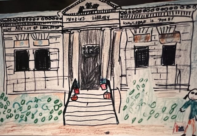 a hand drawn image of a stone library building with columns, front steps, potted plants, and bushes. the sign reads "merrins library" and "knowledge is power.