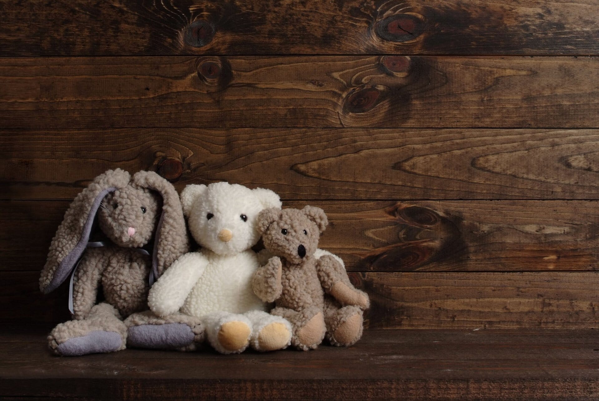three plush stuffed animals—a rabbit, a white bear, and a brown bear—sit side by side against a wooden background.
