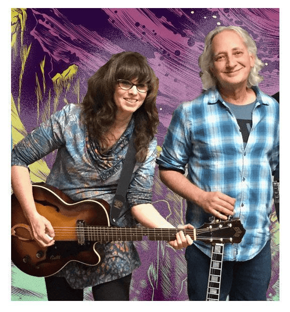 two people stand side by side; the person on the left plays an electric guitar, while the person on the right holds a banjo. artistic, colorful background.