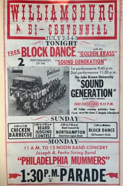 poster for williamsburg bi centennial, july 2 5, listing events such as dances, chicken barbecue, contests, concerts, and a parade, with times and performer names.