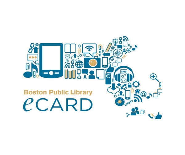 Boston Public Library eCard logo with a smartphone and digital icons arranged in the shape of Massachusetts, highlighting digital access and online services.