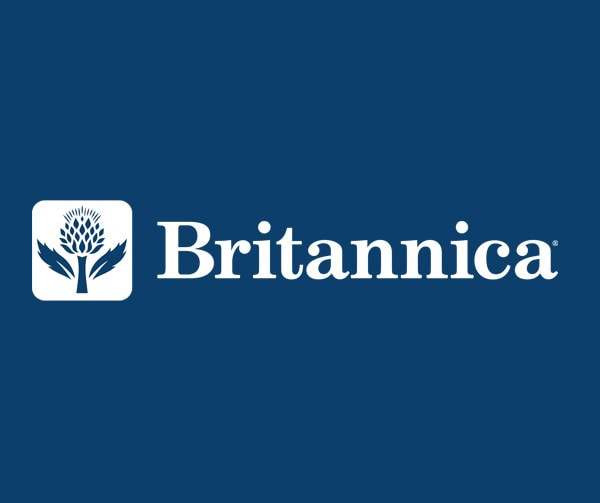 Britannica logo with a white thistle icon on a blue background next to the word 