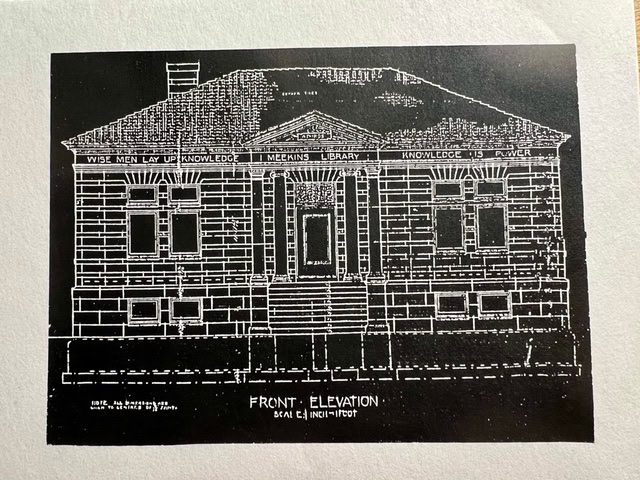 black and white architectural blueprint of a library’s front elevation, labeled “meekins library,” with inscriptions about knowledge above the columns and entrance.