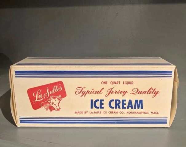 rectangular box labeled "la salle's typical jersey quality ice cream," one quart liquid, produced by la salle ice cream co. northampton, mass. blue and red text on a cream background.
