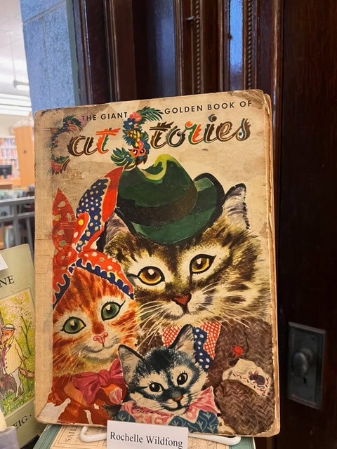 a worn copy of "the giant golden book of cat stories" featuring illustrated cats dressed in hats and scarves on the cover, displayed upright in a library.