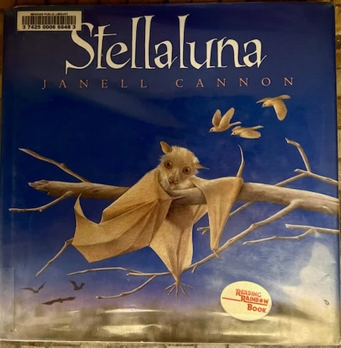 cover of the book "stellaluna" by janell cannon, showing a bat hanging from a branch with birds flying in the background.