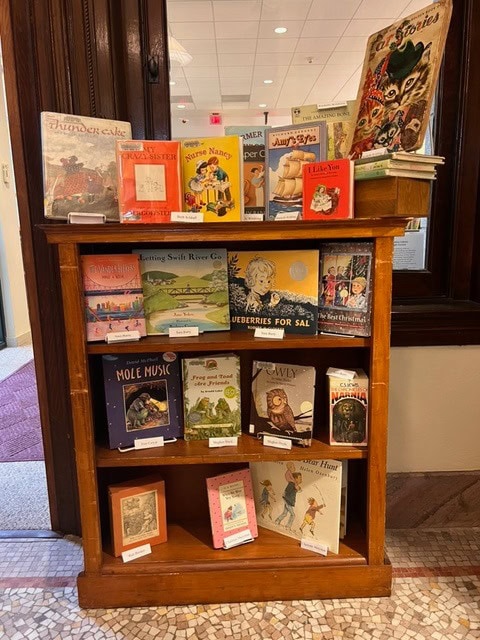 a wooden bookshelf displays an assortment of children's picture books, arranged upright and front facing on three shelves in a public indoor space.