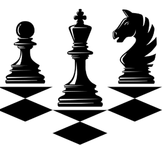 illustration of three black chess pieces—a pawn, a king, and a knight—standing on a stylized black and white checkered surface.