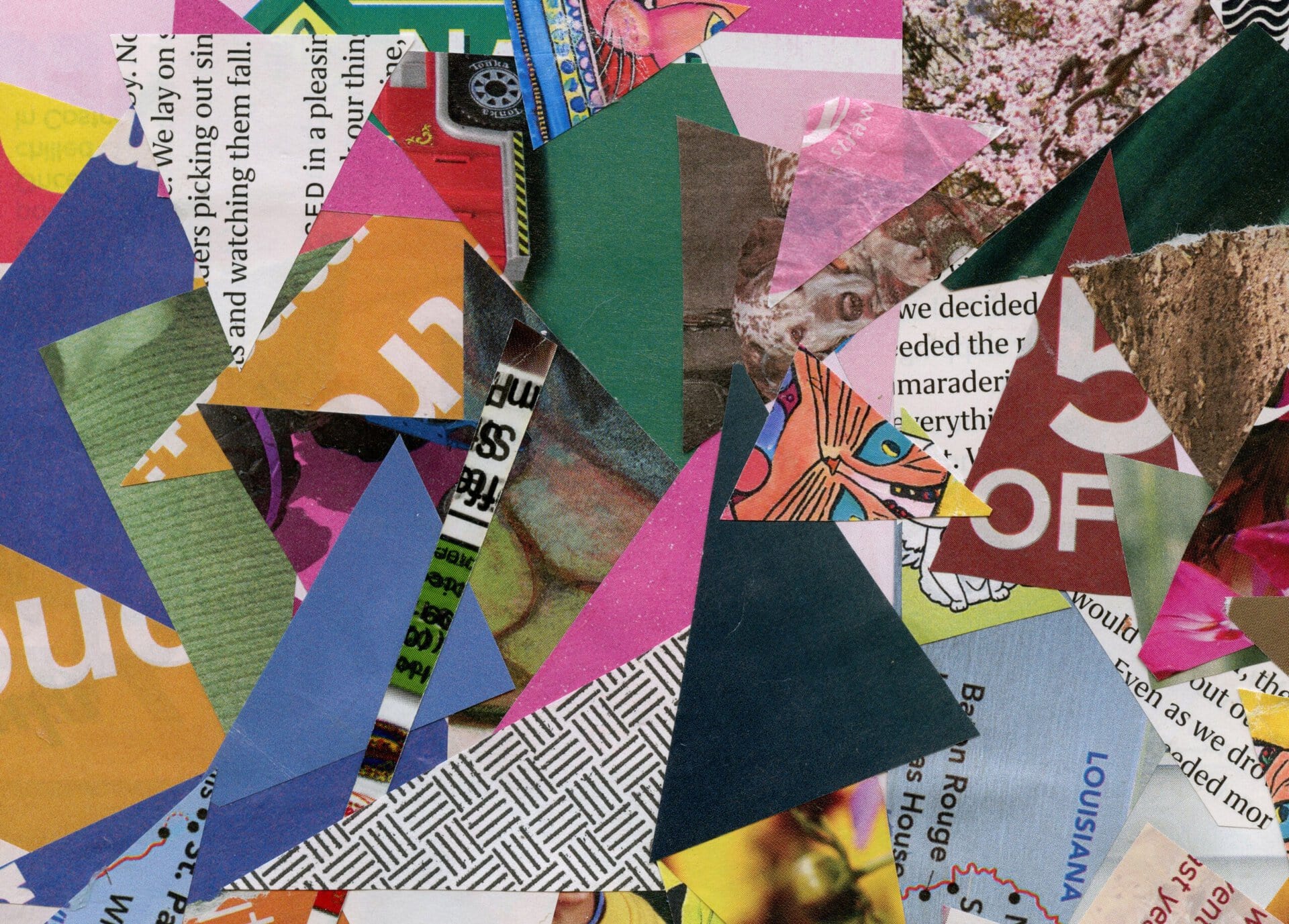 a collage of cut paper scraps in various colors, shapes, and patterns, including text, maps, and images layered on top of each other.