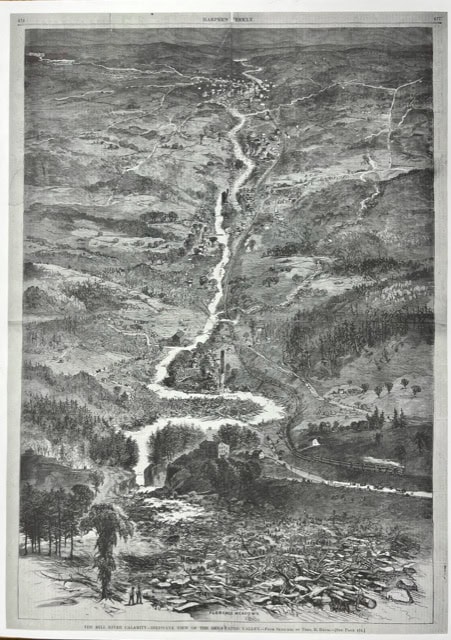 a black and white illustration shows a river flowing through a valley with a devastated area of debris and a distant town surrounded by forests and hills.
