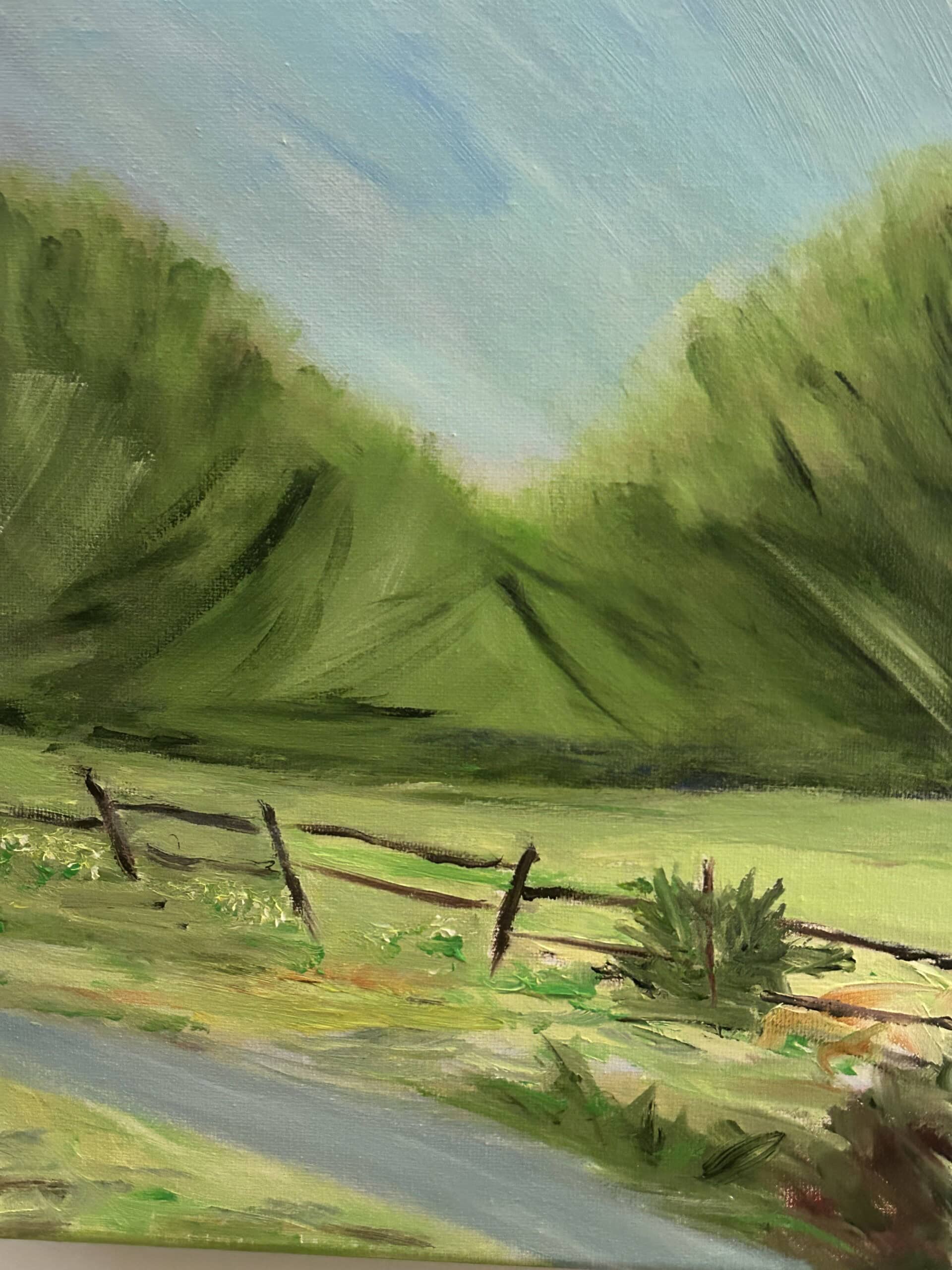 A painting of a green country road.
