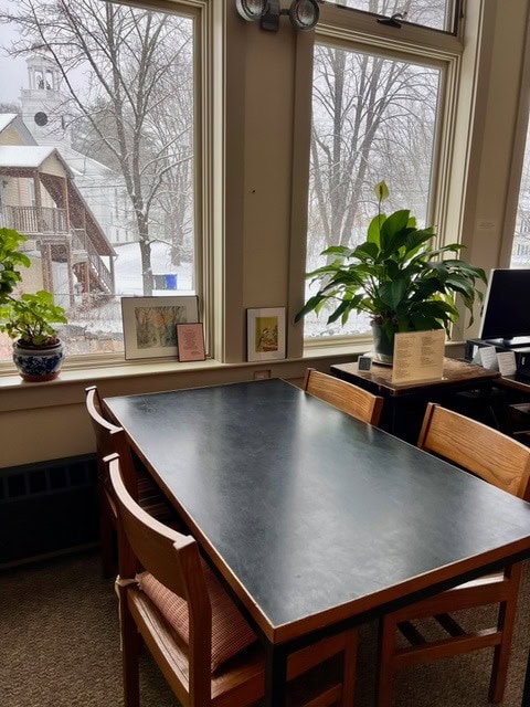 a rectangular black table with four wooden chairs is positioned by large windows. potted plants and framed pictures sit on the windowsill. snow and buildings are visible outside.