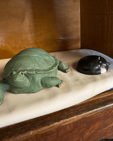 a green turtle figurine and a black and white cat figurine rest on a cream colored cloth inside a wooden display case.