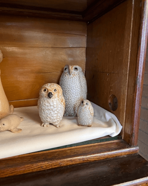 three ceramic owl figurines of varying sizes are displayed on a cream cloth inside a wooden display case.